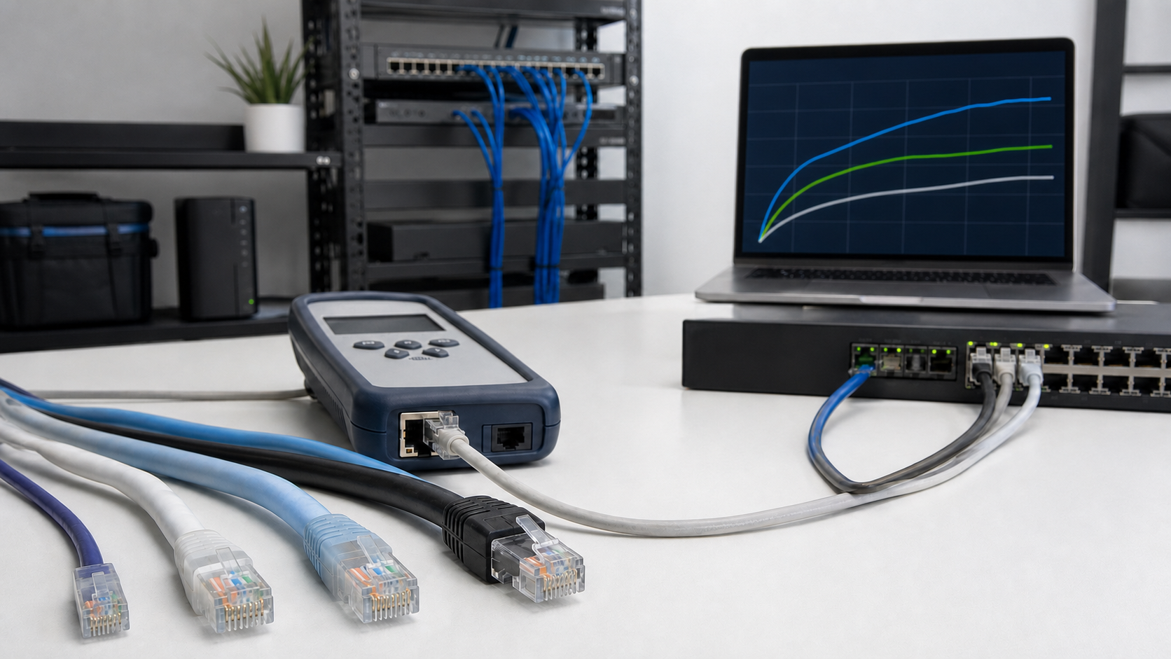 Ethernet cables, a cable tester, a switch, and a laptop used to diagnose a slow wired network